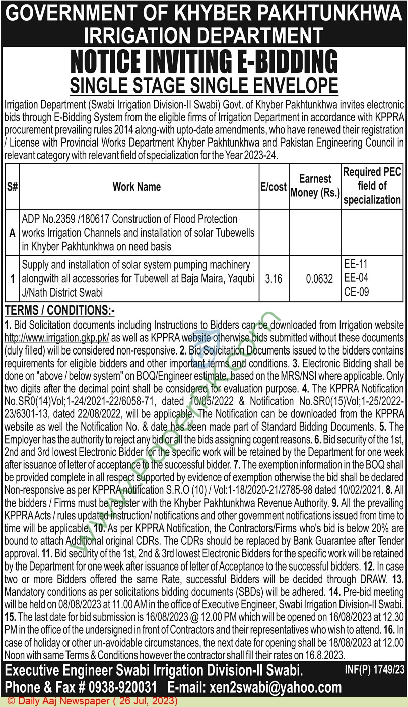 swabi irrigation division ii nit solar tender dated 16 . 8 . 2023